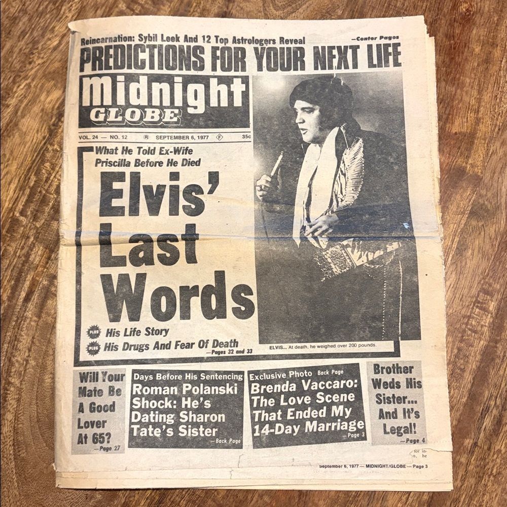 Midnight Globe Sept 6, 1977 Elvis
